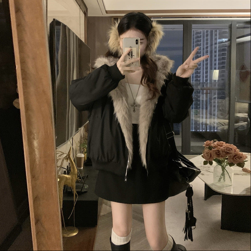 American-style Retro Shearling-lined Hooded Utility Short Jacket