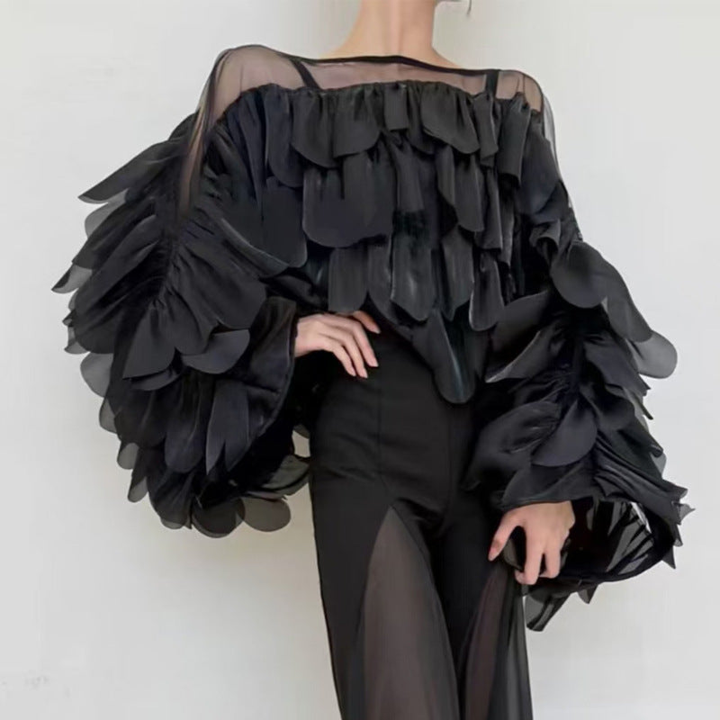 Chic Batwing-sleeve Blouse with Ruffled Trim