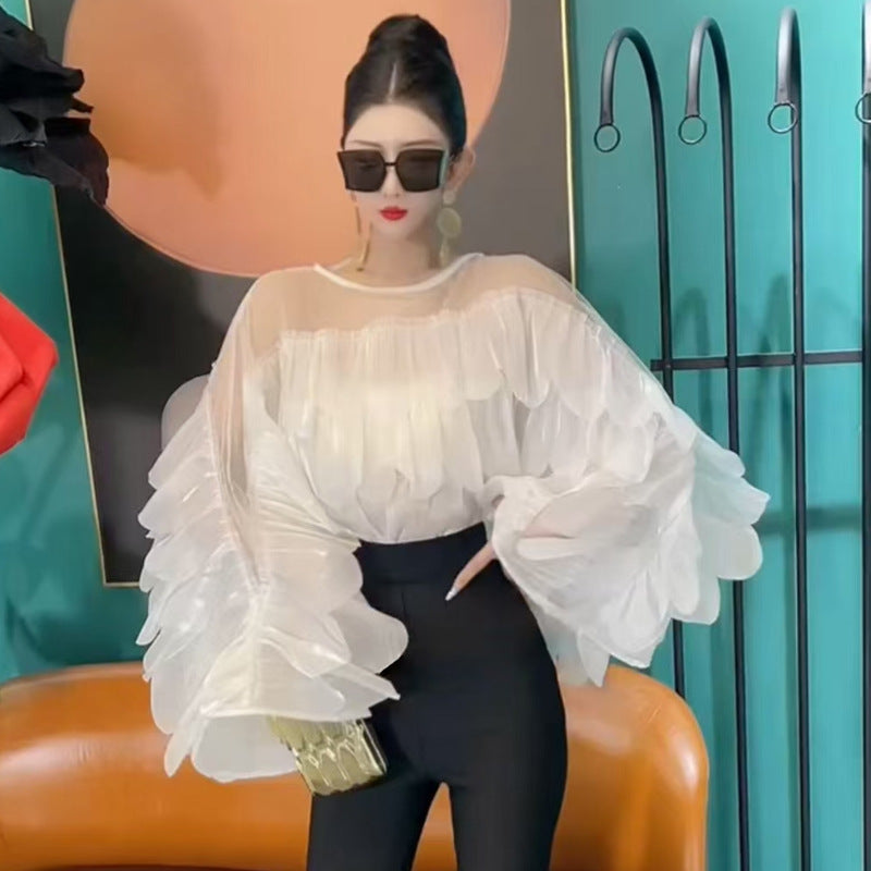 Chic Batwing-sleeve Blouse with Ruffled Trim