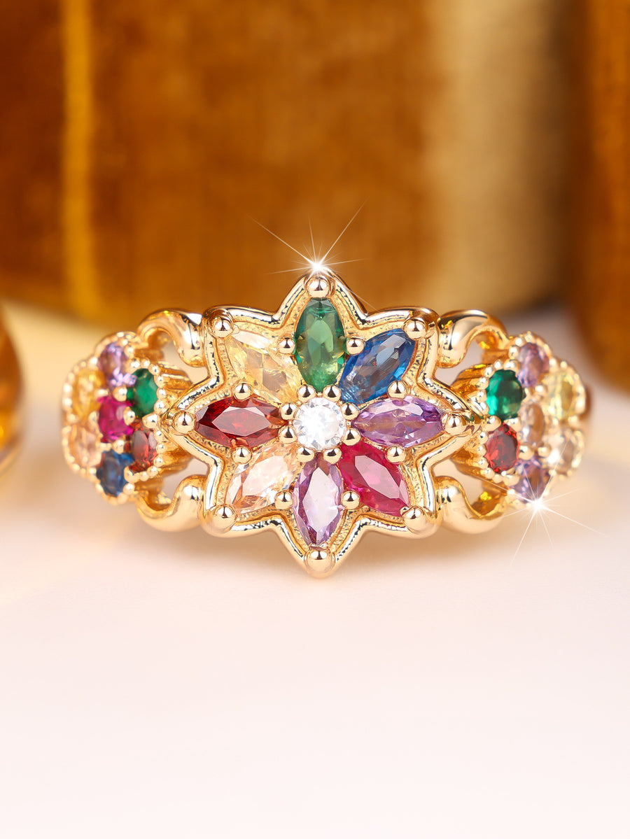 Three-Dimensional Floral Multicolor Statement Ring for Women