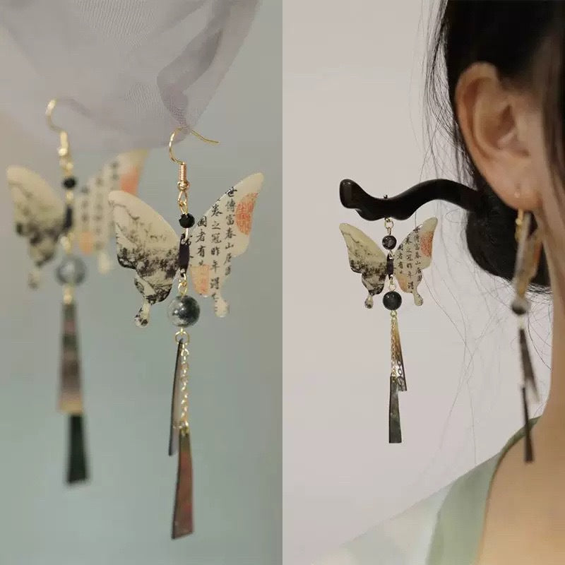 New Chinese-style Ink-wash Calligraphy Butterfly Earrings