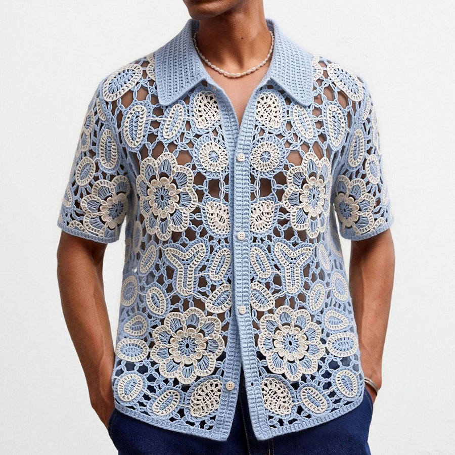 Floral Crochet Hollow-out Short-sleeved Knit Top for Men
