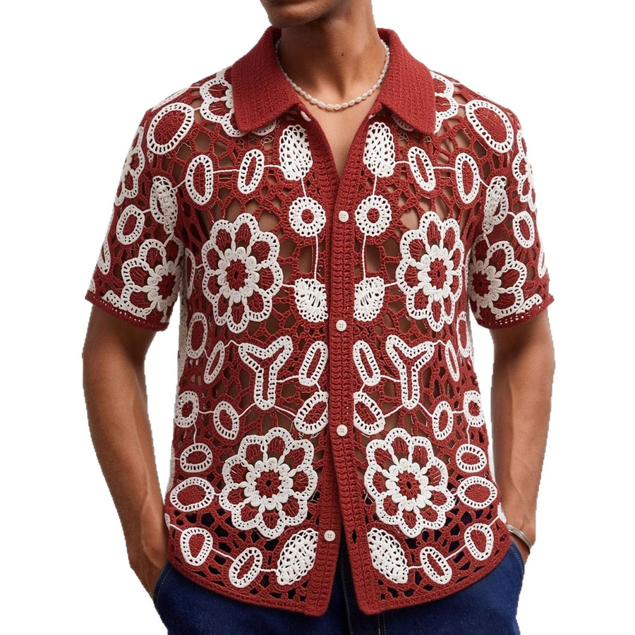 Floral Crochet Hollow-out Short-sleeved Knit Top for Men