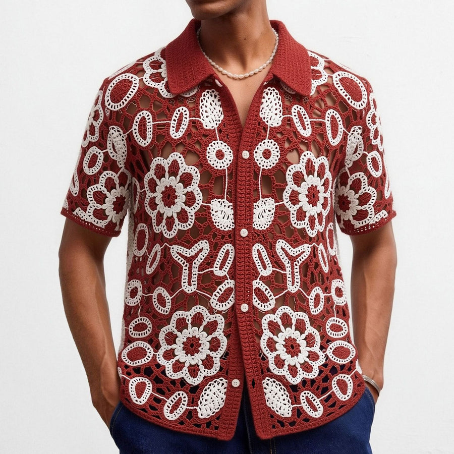 Floral Crochet Hollow-out Short-sleeved Knit Top for Men