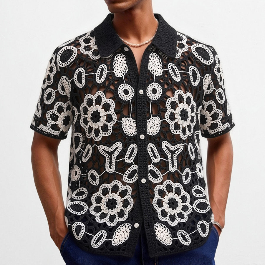 Floral Crochet Hollow-out Short-sleeved Knit Top for Men