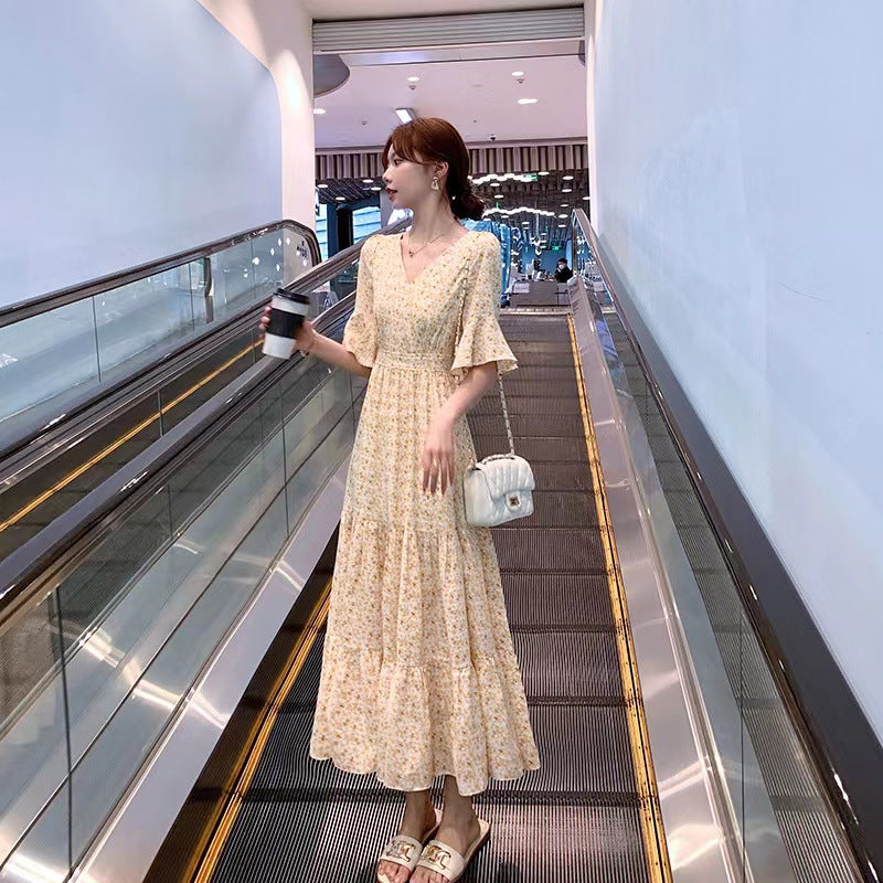 Fitted-waist Printed V-neck Floral Dress for Women
