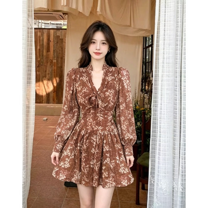 Chiffon Ribbon Floral-print Dress for Elegant Occasions