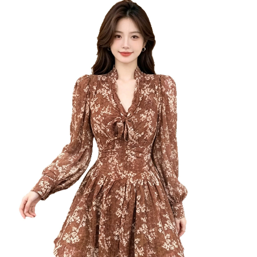 Chiffon Ribbon Floral-print Dress for Elegant Occasions
