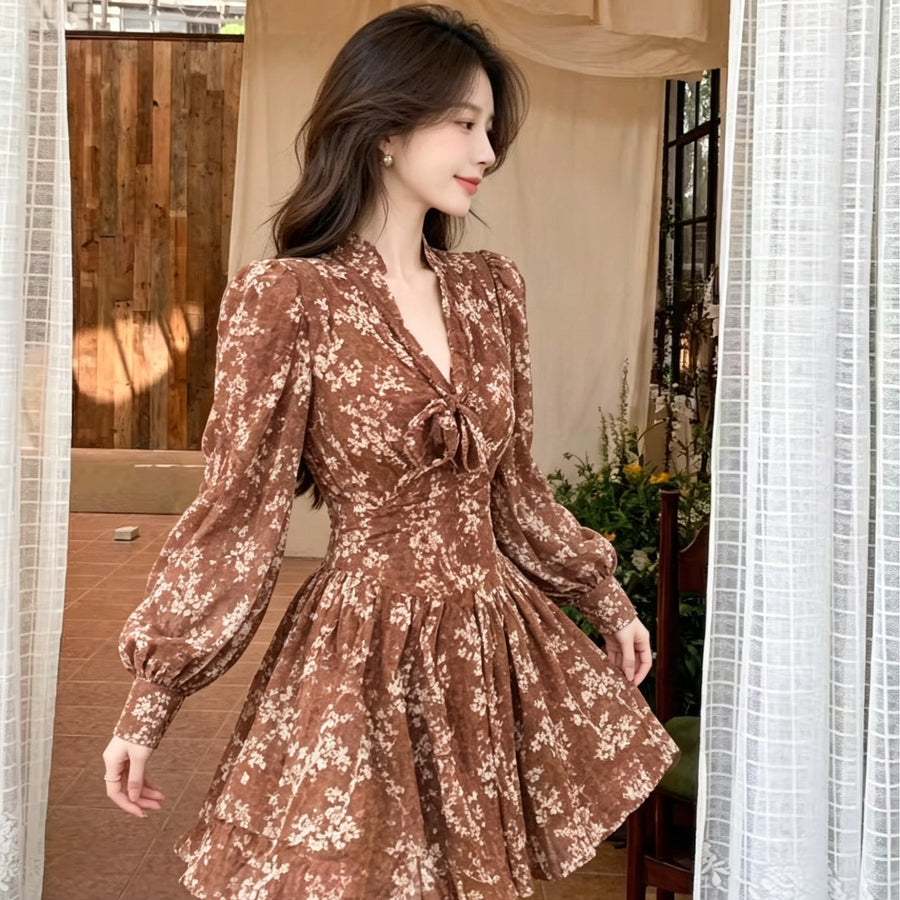 Chiffon Ribbon Floral-print Dress for Elegant Occasions
