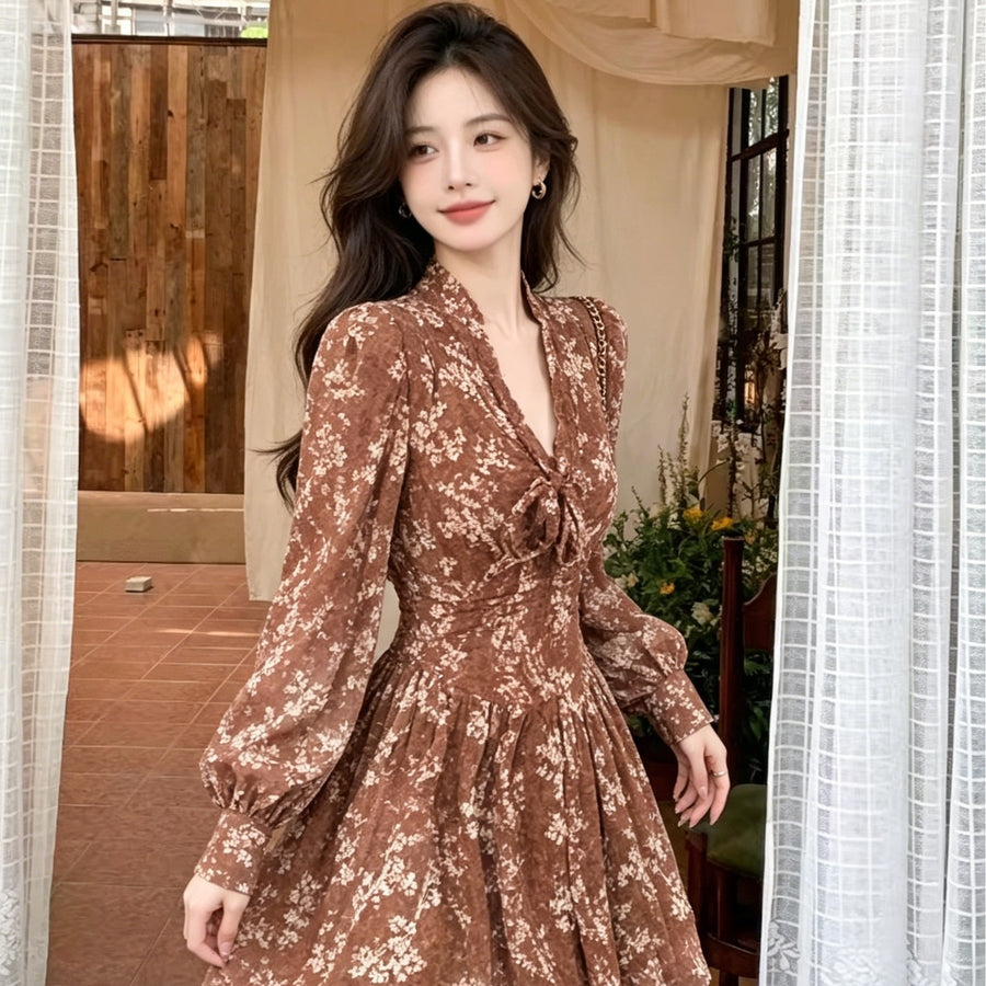 Chiffon Ribbon Floral-print Dress for Elegant Occasions