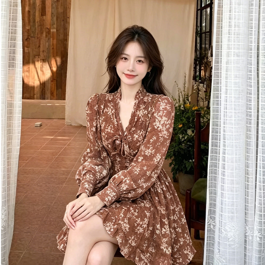 Chiffon Ribbon Floral-print Dress for Elegant Occasions