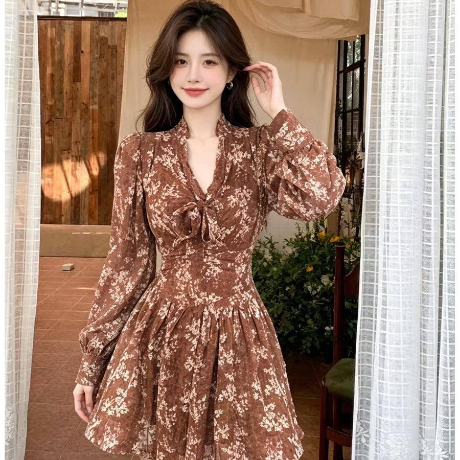 Chiffon Ribbon Floral-print Dress for Elegant Occasions