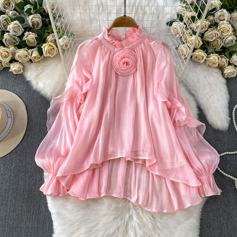 Gentle Elegant Floral Ruffled-edge Blouse for Girls