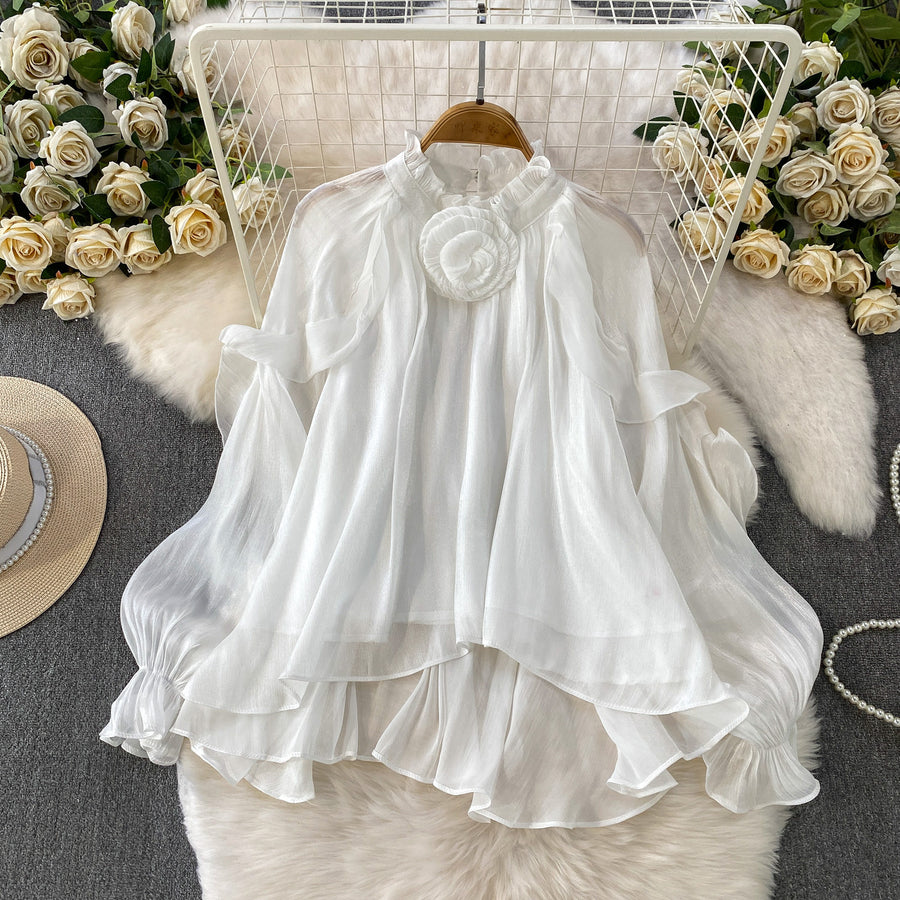 Gentle Elegant Floral Ruffled-edge Blouse for Girls