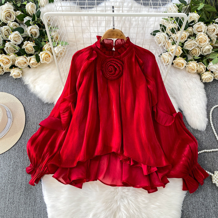 Gentle Elegant Floral Ruffled-edge Blouse for Girls