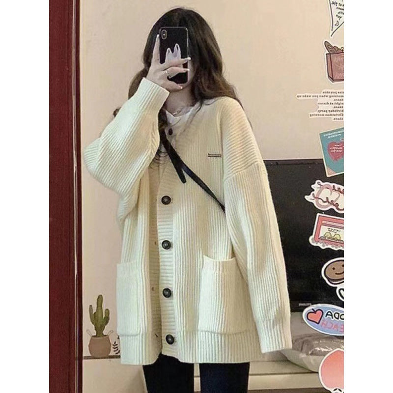 Womens Solid-color Loose-fit Korean-style Knitted Sweater
