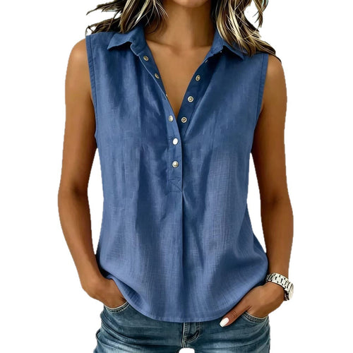 Womens Casual Lapel-Collar Solid-Color Sleeveless Blouse