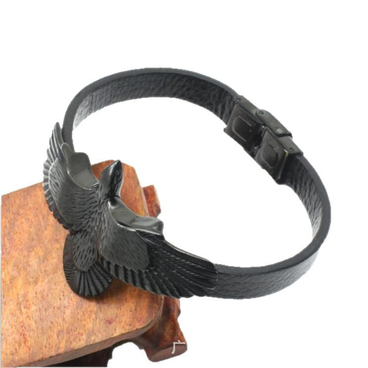 Simple Leather Cord Bracelet Stainless Steel Bangle