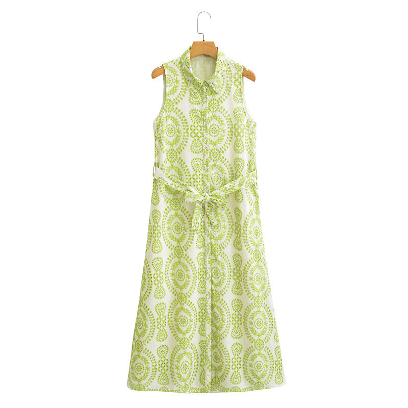 Heavy-embroidered Long Sleeveless Flared Dress for Elegance