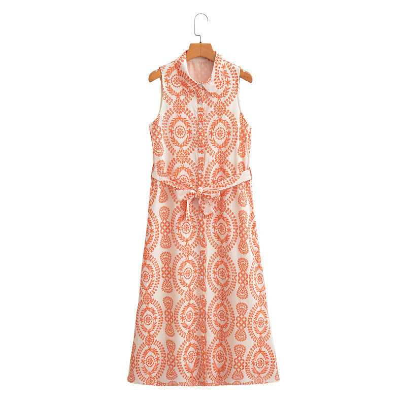 Heavy-embroidered Long Sleeveless Flared Dress for Elegance