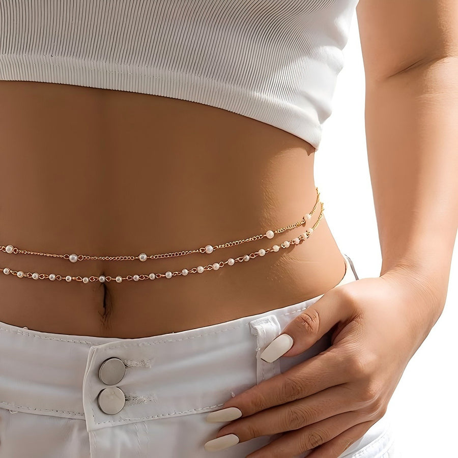 Womens Versatile Delicate Pearl Chain Body Chain