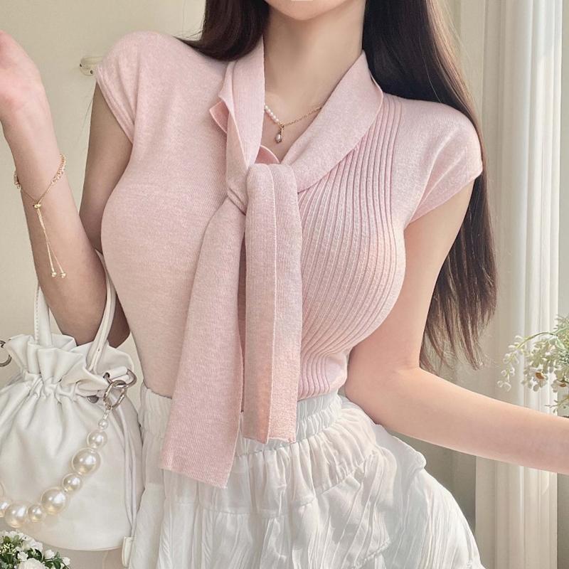 Solid-color versatile short-sleeve knit t-shirt top
