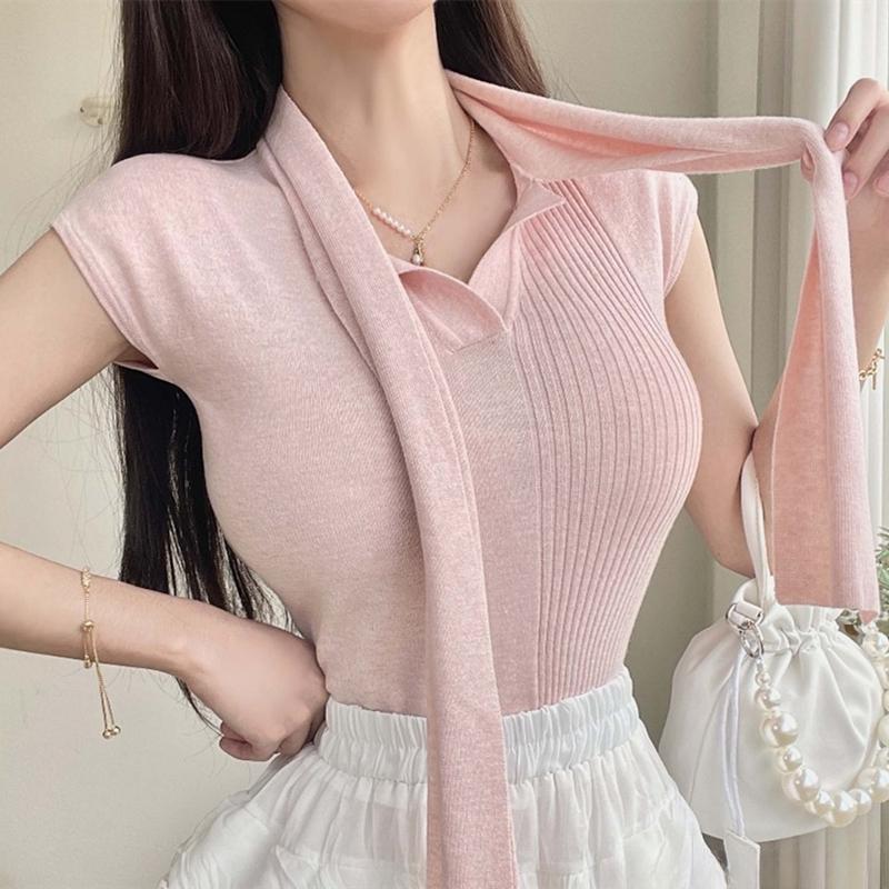 Solid-color versatile short-sleeve knit t-shirt top