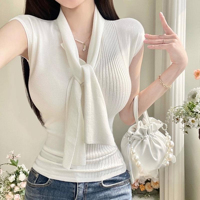 Solid-color versatile short-sleeve knit t-shirt top
