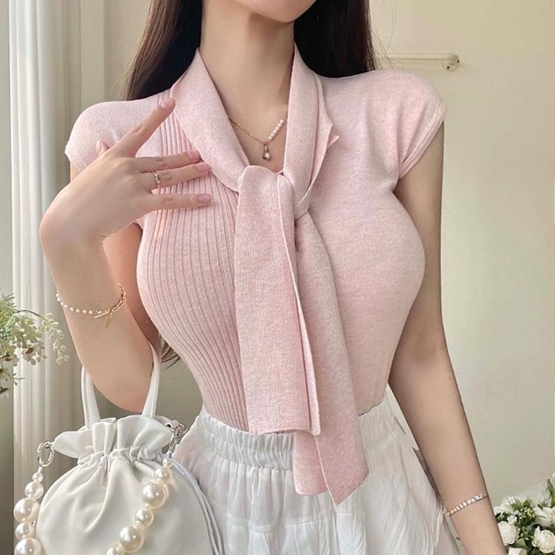 Solid-color versatile short-sleeve knit t-shirt top