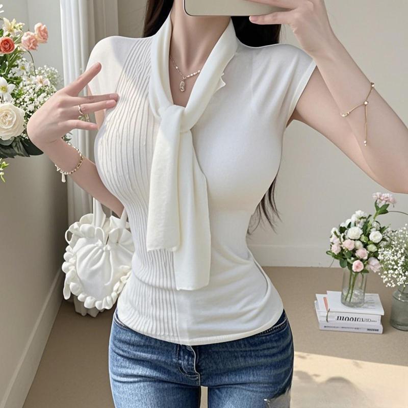 Solid-color versatile short-sleeve knit t-shirt top