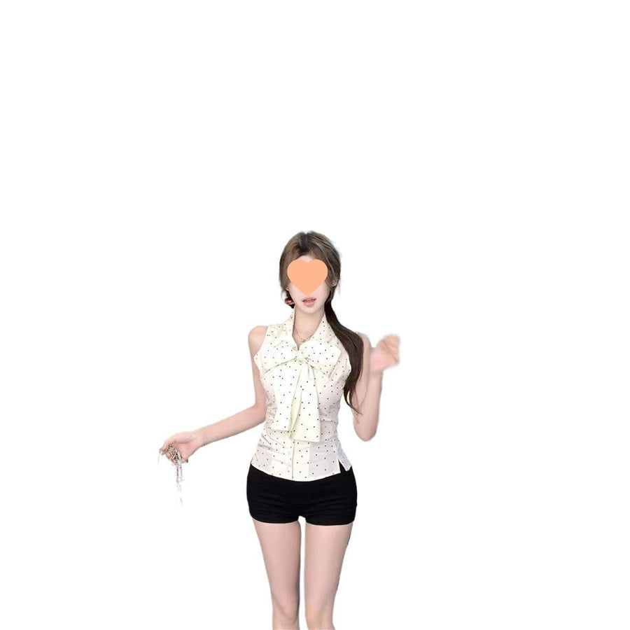 Bow-tie Polka-dot Sleeveless Chiffon Blouse for Women