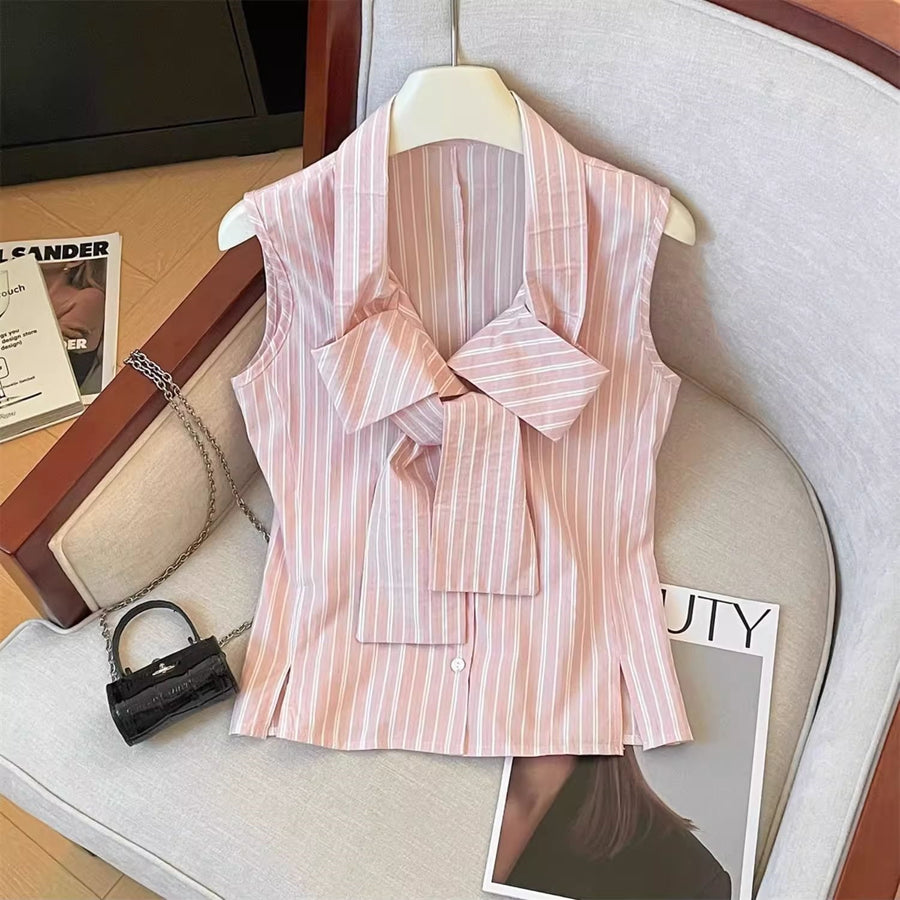 Bow-tie Polka-dot Sleeveless Chiffon Blouse for Women