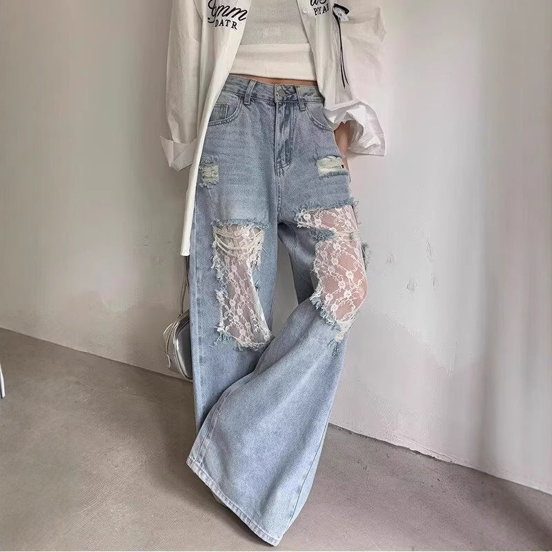 Women's Vintage Lace Stitching Ripped Jeans for Effortless Style