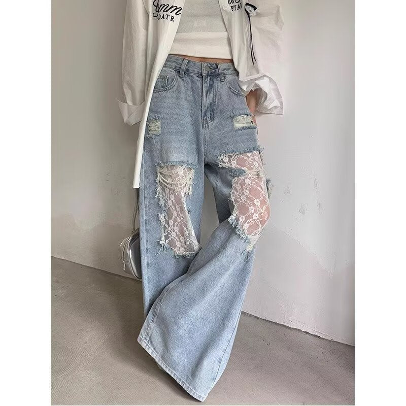 Women's Vintage Lace Stitching Ripped Jeans for Effortless Style