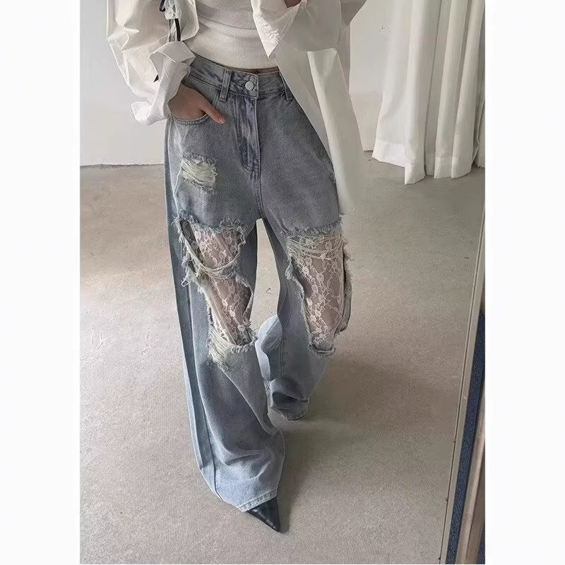 Women's Vintage Lace Stitching Ripped Jeans for Effortless Style