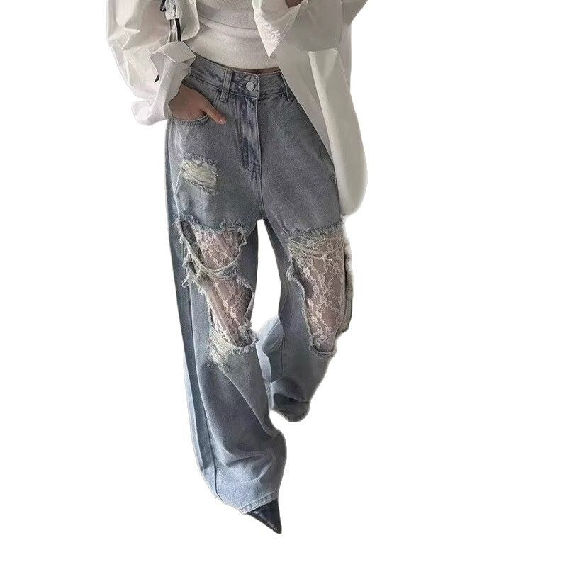 Women's Vintage Lace Stitching Ripped Jeans for Effortless Style