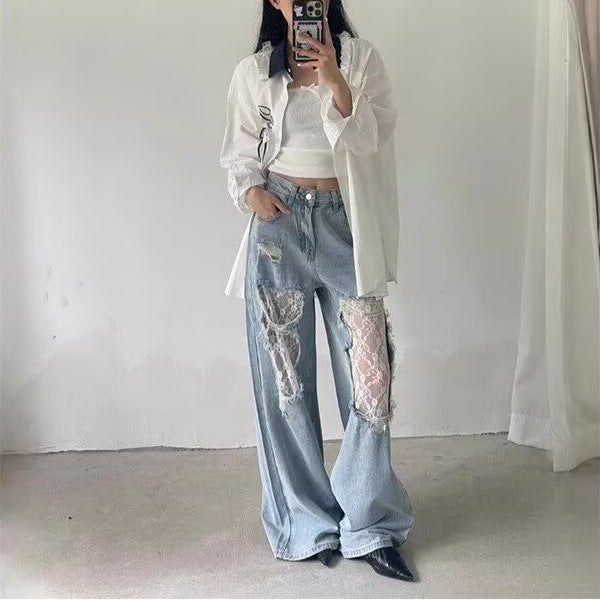 Women's Vintage Lace Stitching Ripped Jeans for Effortless Style