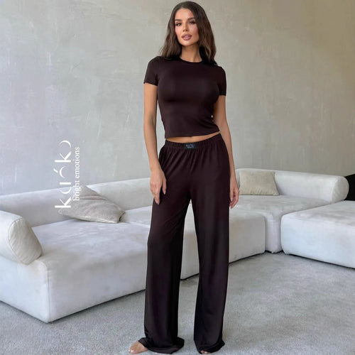 Womens Loungewear Set: T-Shirt & Wide-Leg Pants