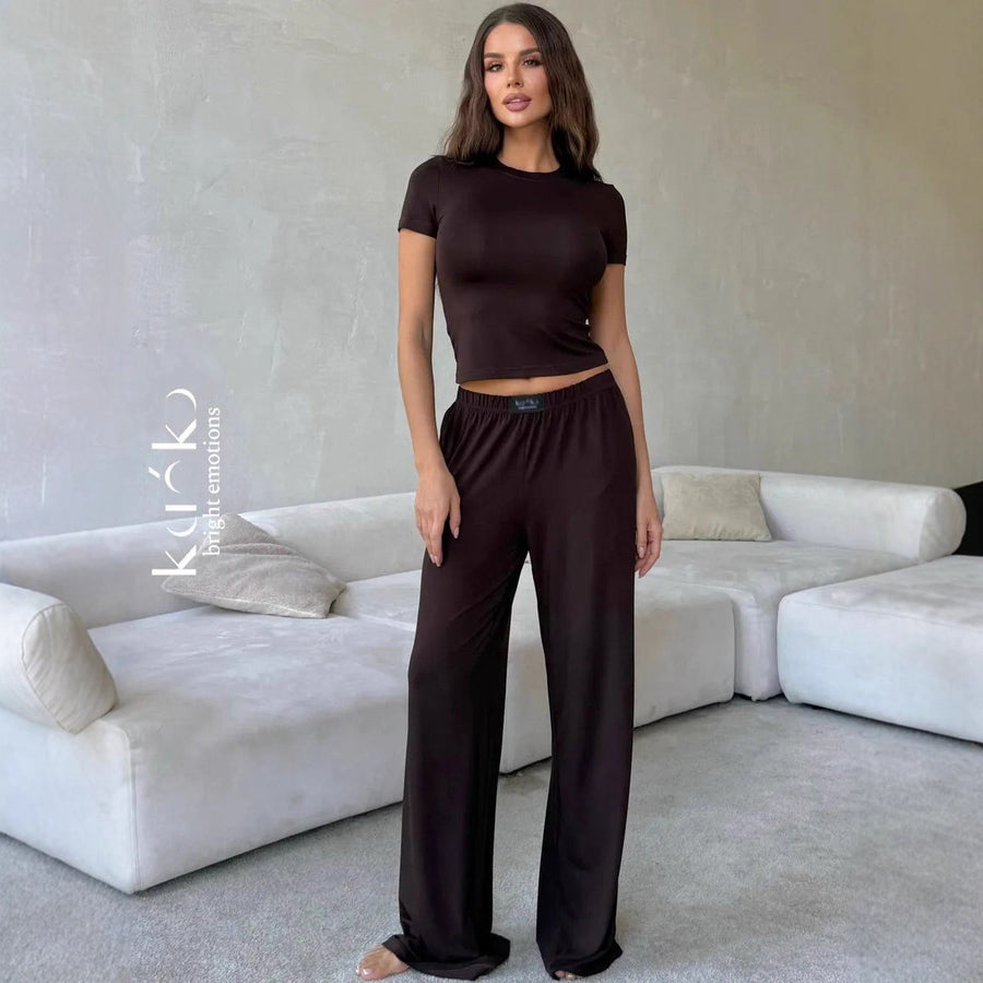 Womens Loungewear Set: T-Shirt & Wide-Leg Pants