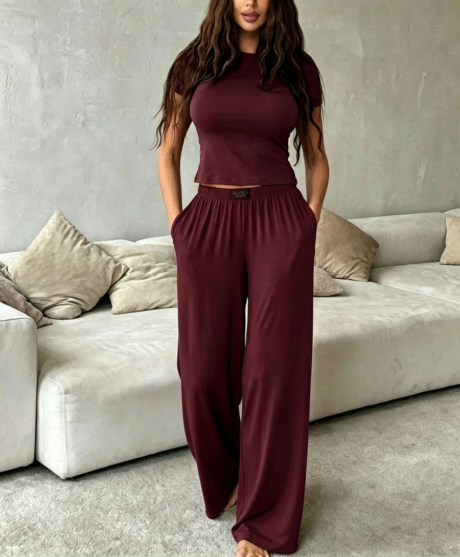 Womens Loungewear Set: T-Shirt & Wide-Leg Pants