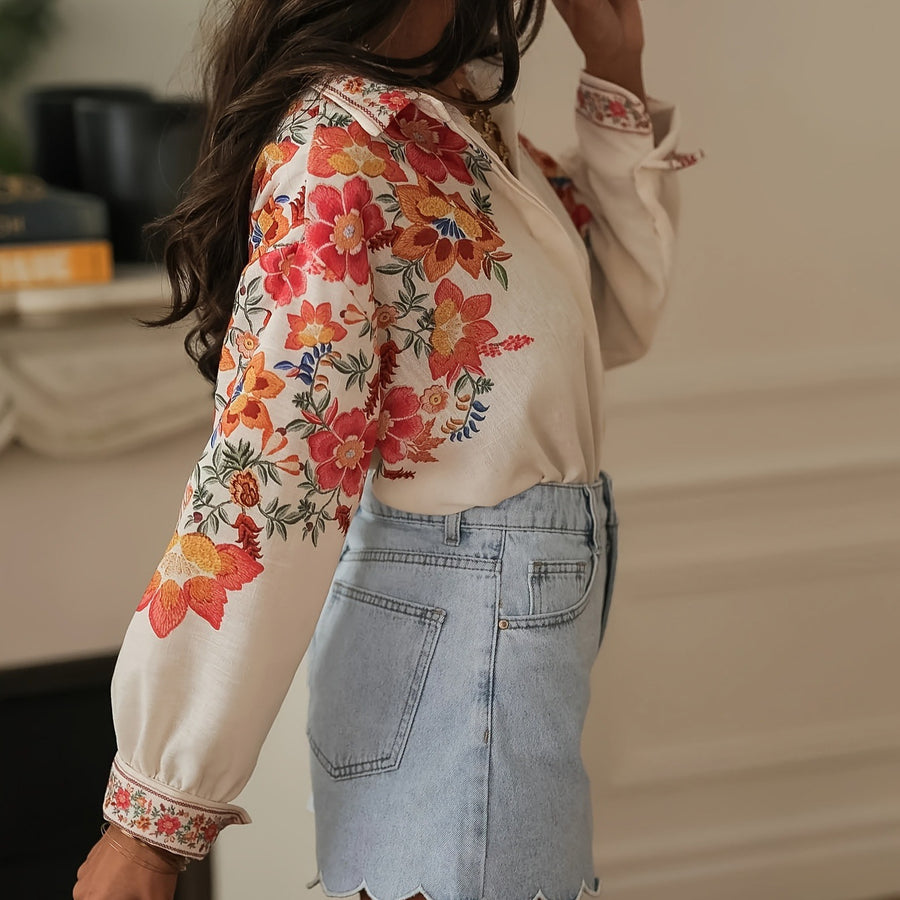 Womens Retro Large Floral Patchwork Lapel Shirt - Trendy T-Shirt