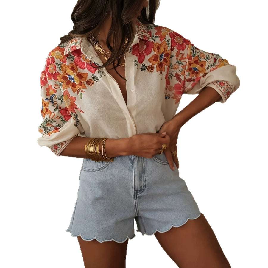 Womens Retro Large Floral Patchwork Lapel Shirt - Trendy T-Shirt