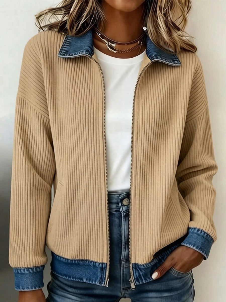 Knitted Patchwork Denim Shirt Womens Cardigan Coat