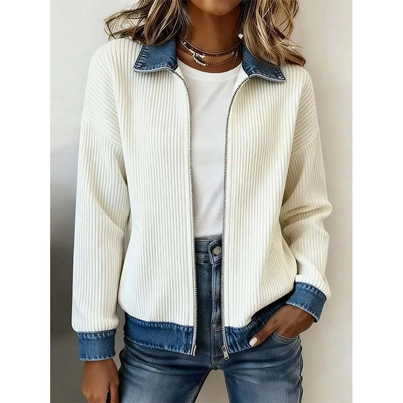 Knitted Patchwork Denim Shirt Womens Cardigan Coat