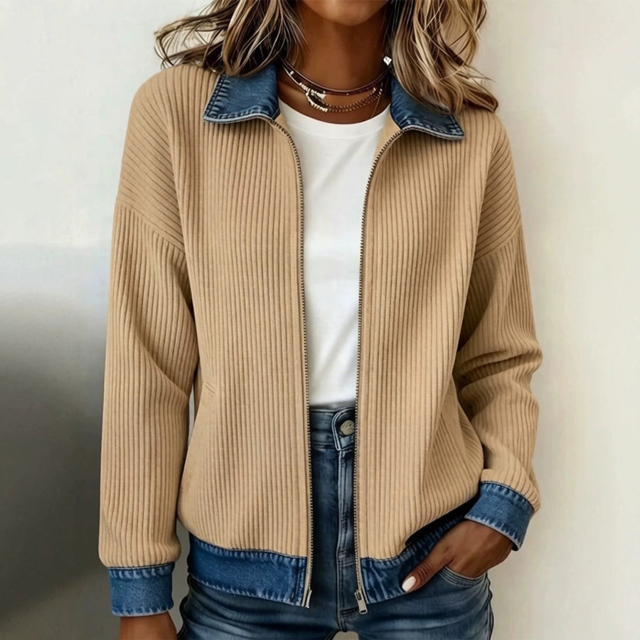 Knitted Patchwork Denim Shirt Womens Cardigan Coat