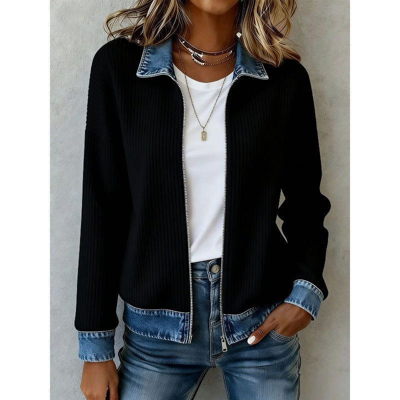 Knitted Patchwork Denim Shirt Womens Cardigan Coat