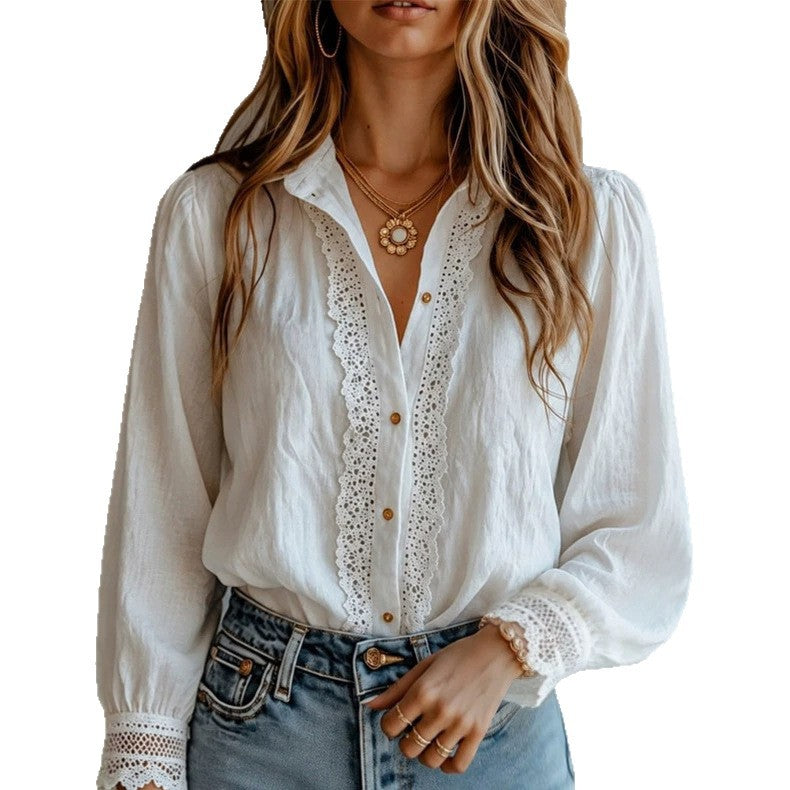 Fashionable Lace-Panel Long-Sleeve Button-Down Shirt for Women