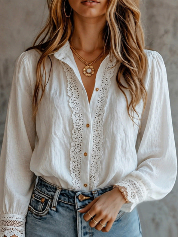 Fashionable Lace-Panel Long-Sleeve Button-Down Shirt for Women