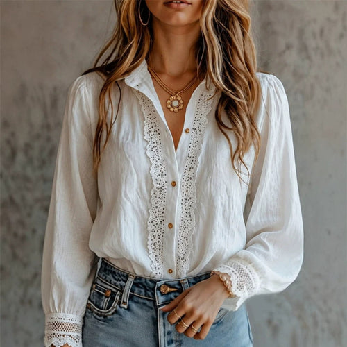Fashionable Lace-Panel Long-Sleeve Button-Down Shirt for Women