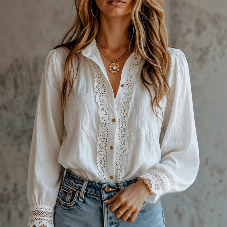 Fashionable Lace-Panel Long-Sleeve Button-Down Shirt for Women